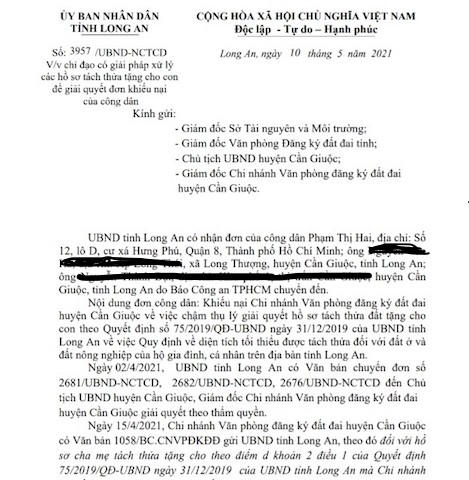 Văn bản do Chủ tịch UBND tỉnh Long chỉ đạo Giám đóc Sở TN&MT cùng các ban ngành nghiêm túc thực hiên Quyết định 75/2019/QĐ-UBND về vấn đề tách thửa cho người dân. (Ảnh: VĐ) &nbsp;