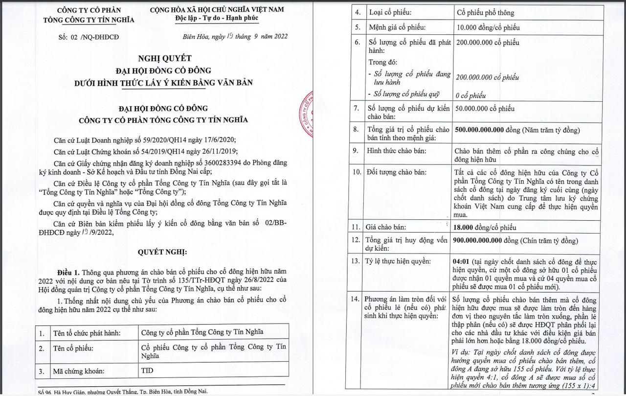 Phương án chào bán 50 triệu cổ phiếu của Tổng Công ty Tín Nghĩa &nbsp;