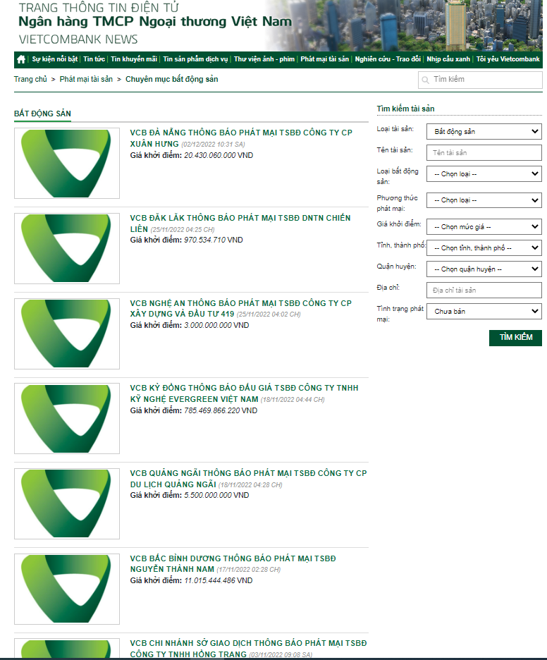 Trong 3 tháng, Vietcombank gần 30 lần thông báo rao bán BĐS để thu hồi nợ xấu 