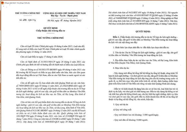 Quyết định chấp thuận chủ trương đầu tư ‘siêu dự án’ Monbay Vân Đồn của Thủ tướng Chính phủ. &nbsp;
