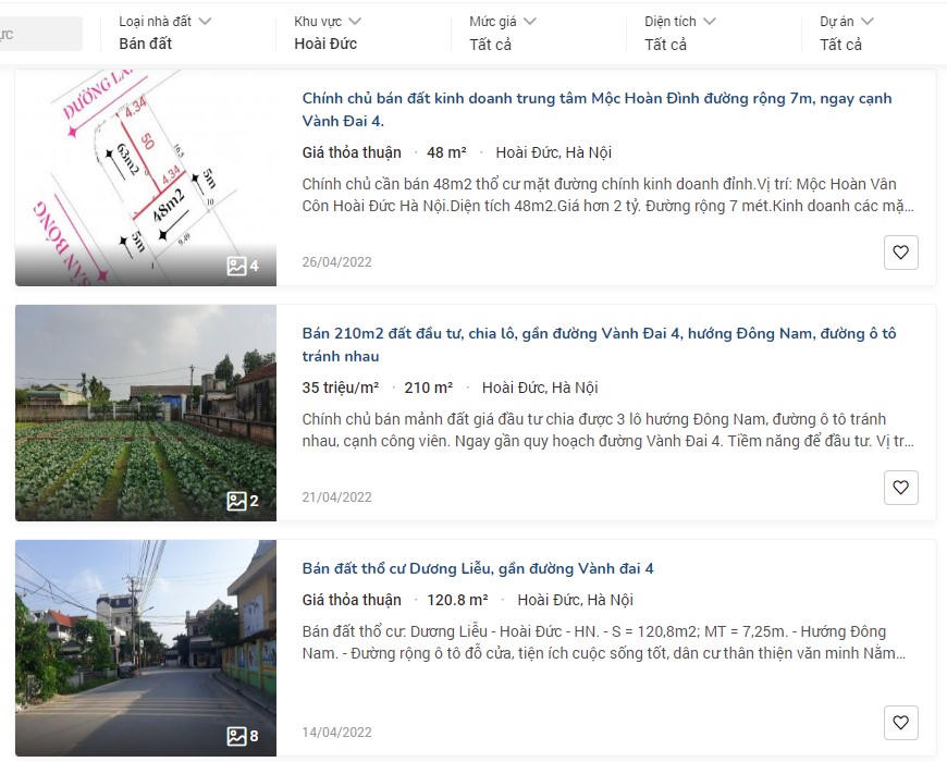 Đất tại Hoài Đức được rao bán trên các trang mạng ăn theo quy hoạch đường Vành đai 4. &nbsp;