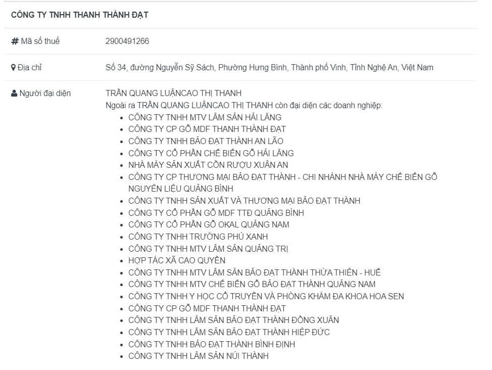 Cặp vợ chồng Trần Quang Luận/ Cao Thị Thanh đứng tên đại diện loạt doanh nghiệp mang tên khác nhau.