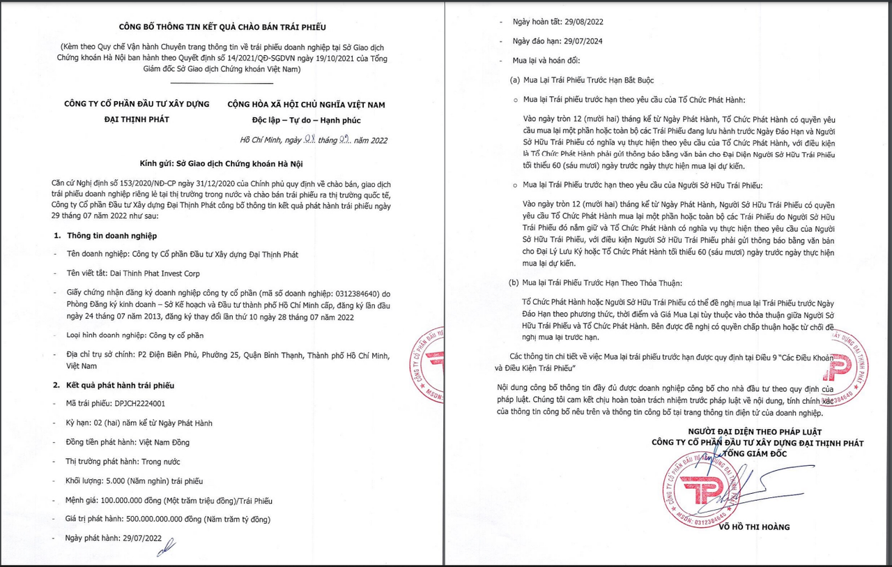 Thông tin lô trái phiếu của Đại Thịnh Phát &nbsp;