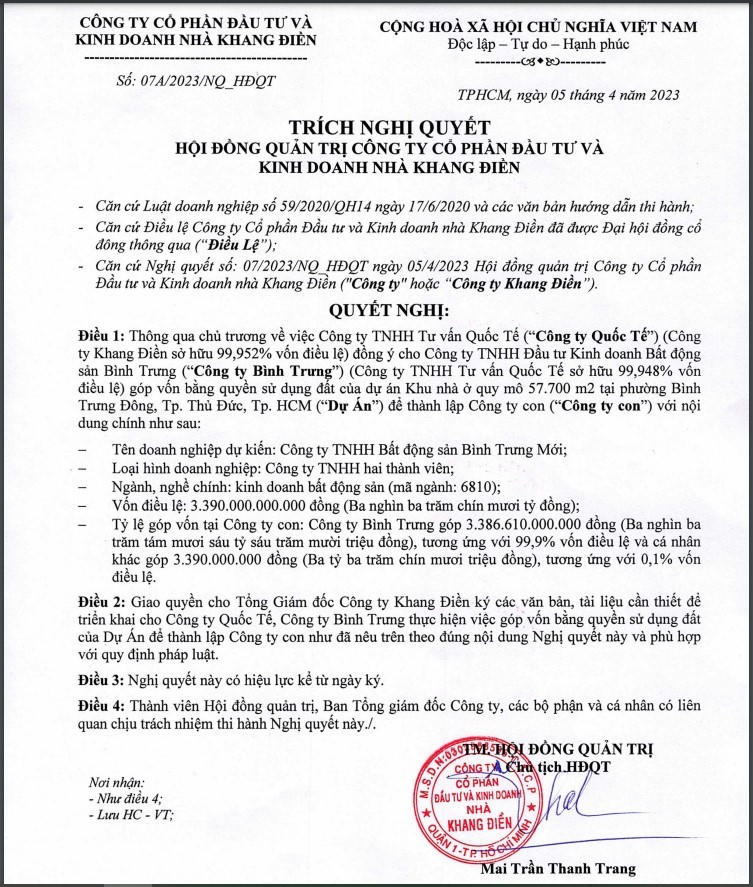 Nhà Khang Điền thành lập công ty con làm bất động sản vốn điều lệ gần 3.400 tỷ đồng