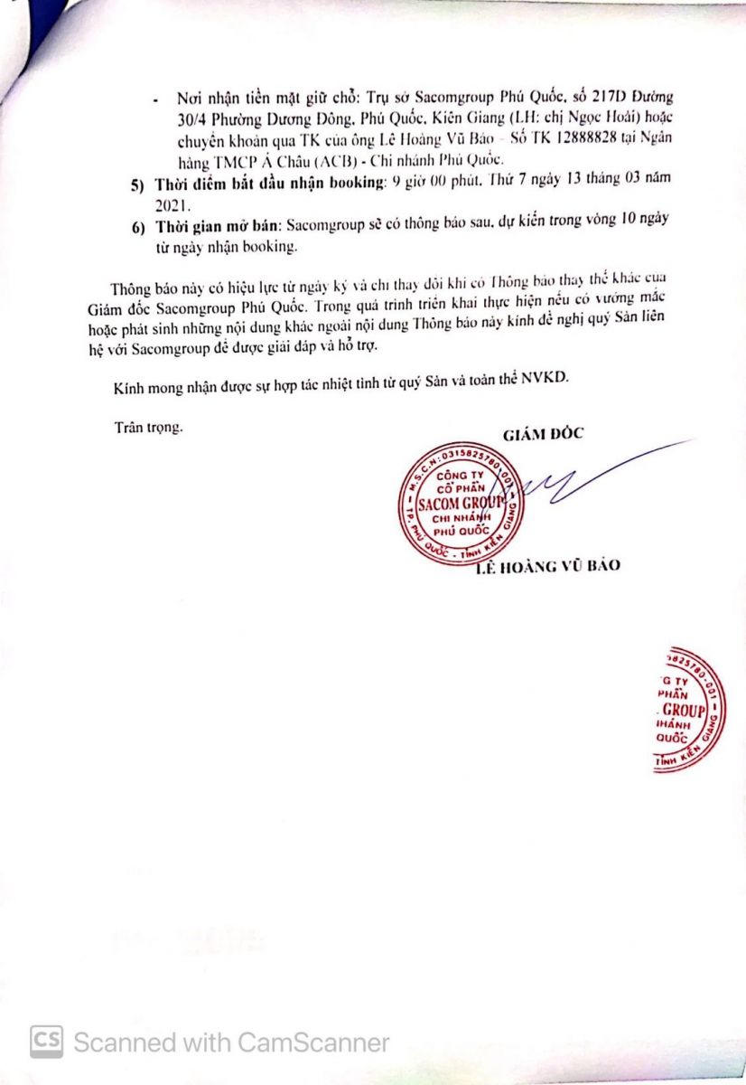 Thông báo nhận đặt cọc tại dự án Center Phú Quốc &nbsp;