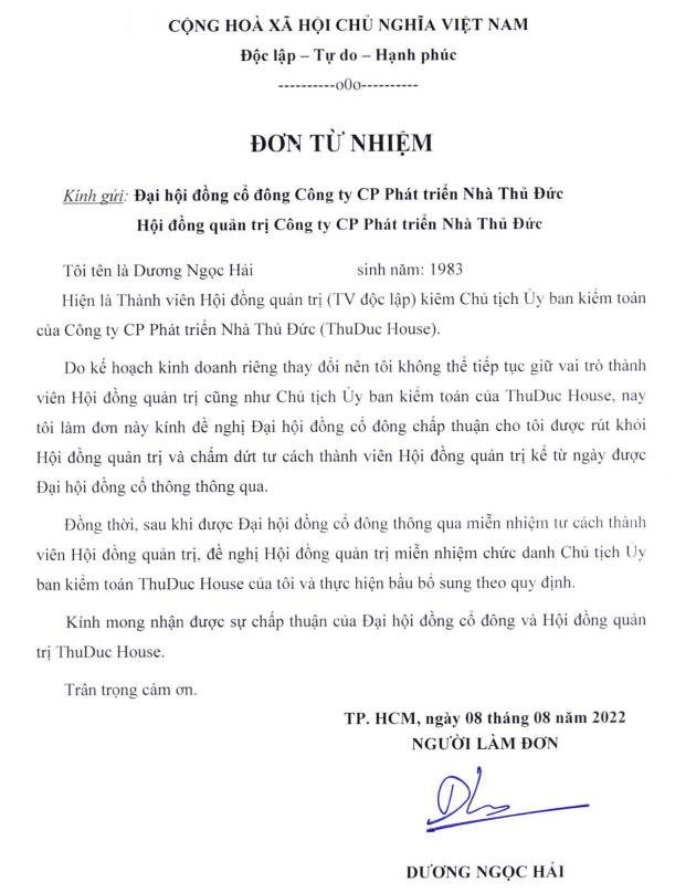 Đơn từ nhiệm của ông Dương Ngọc Hải