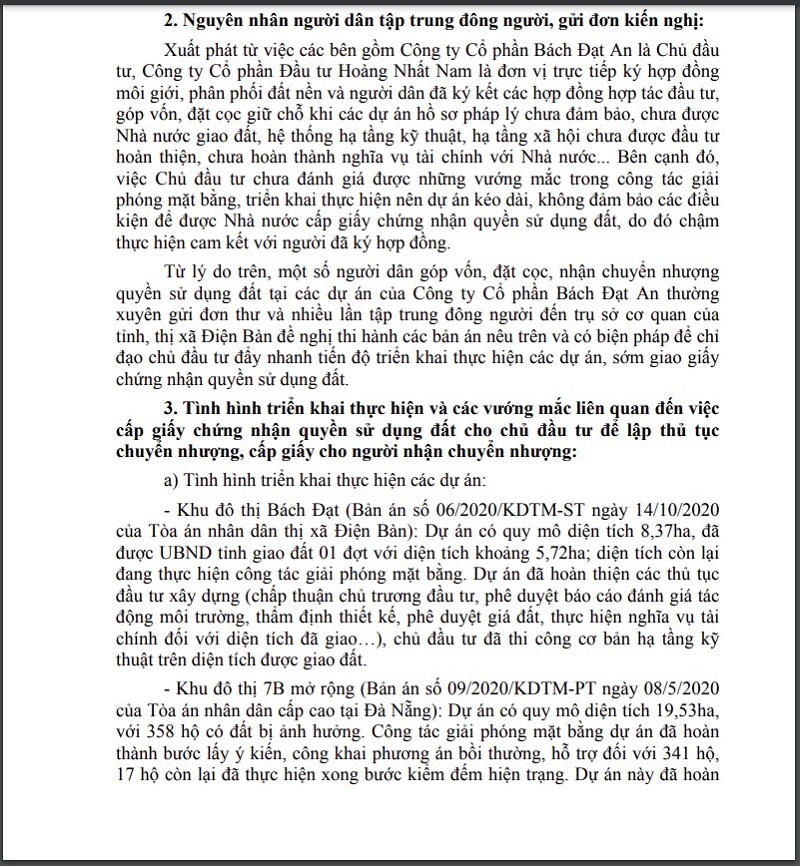 Báo cáo của UBND tỉnh Quảng Nam liên quan đến những đơn thư phản ảnh về việc Công ty Bách Đạt An bán dự án cho người dân khi chưa đủ điều kiện. &nbsp;