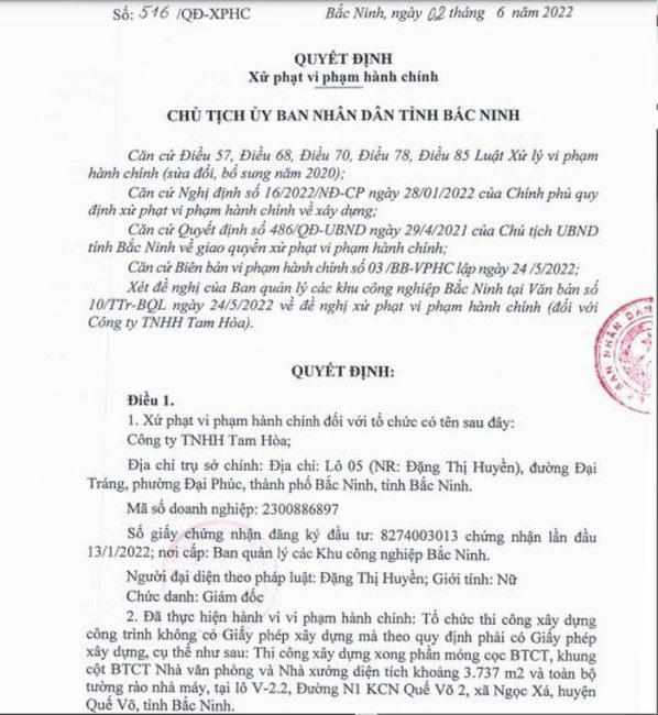 Quyết định xử phạt Công ty TNHH Tam Hòa. &nbsp;