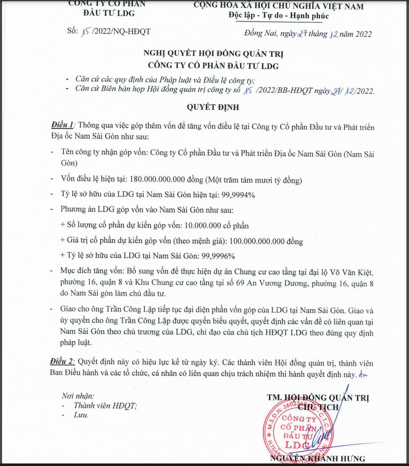 Nghị quyết HĐQT Đầu tư LDG thông qua việc góp thêm vốn vào Địa ốc Nam Sài Gòn.