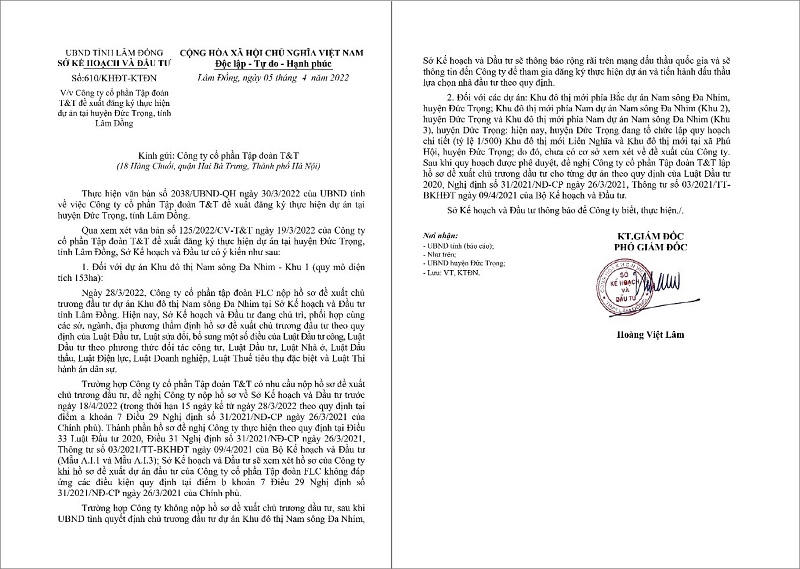 Văn bản trả lời của Sở KH-ĐT tỉnh Lâm Đồng về việc Tập đoàn T&T đề xuất dự án KĐT Nam sông Đa Nhim. &nbsp;