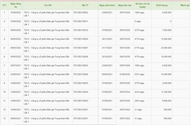 Danh sách các lô trái phiếu được Điện gió Trung Nam Đắk Lắk 1 – thành viên thuộc Trungnam Group phát hành (Nguồn: HNX). &nbsp;