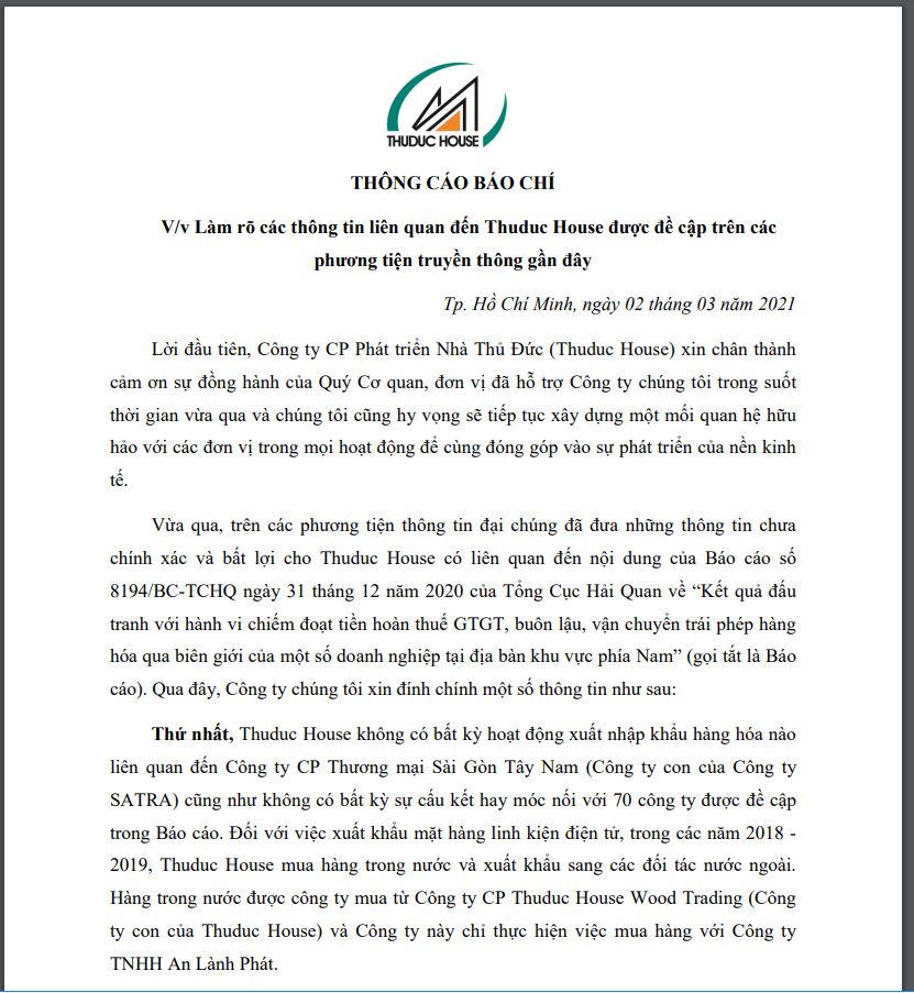 Thuduc House phủ nhận việc 'móc nối' với các công ty 'ma' chiếm đoạt tiền hoàn thuế GTGT