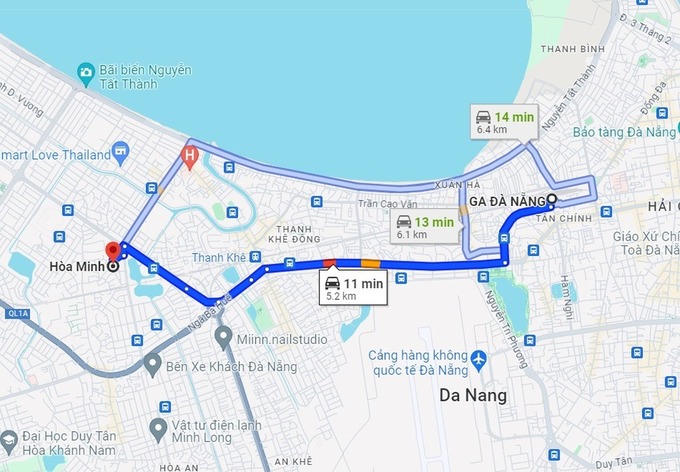 Khoảng cách từ ga Đà Nẵng hiện hữu đến vị trí dự kiến xây ga mới. &nbsp;