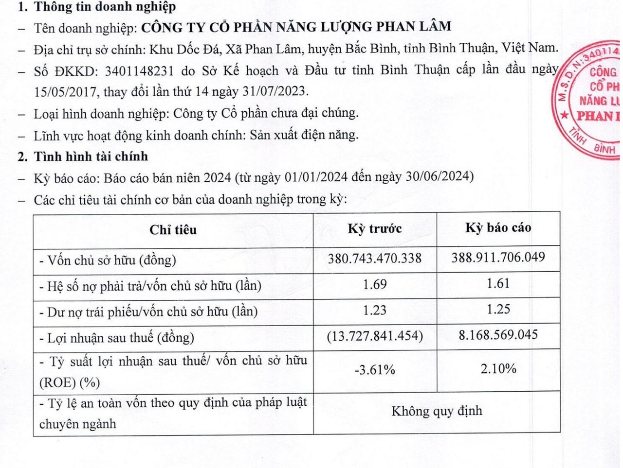 Tình hình tài chính 6 tháng đầu năm 2024