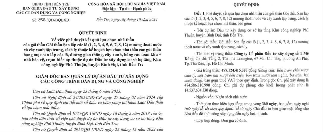 Công ty cổ phần Đầu tư xây dựng Số 1 Mê Kông "một mình một chợ" trúng gói thầu gần 500 tỷ đồng &nbsp;