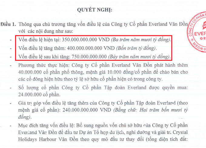 Nghị quyết tăng vốn điều lệ thông qua hình thức chào bán cổ phần phổ thông (Nguồn: EverLand)