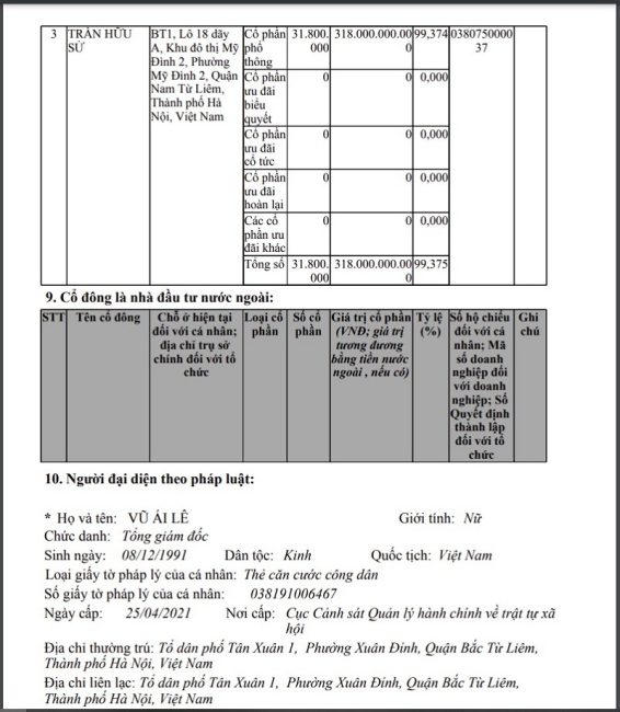 Cơ cấu cổ đông và người đại diện theo pháp luật của Hà Nam Center. &nbsp;