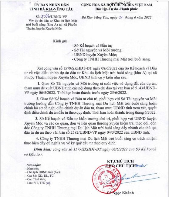 Văn bản về việc điều chỉnh dự án Hyatt Regency Ho Tram. &nbsp;