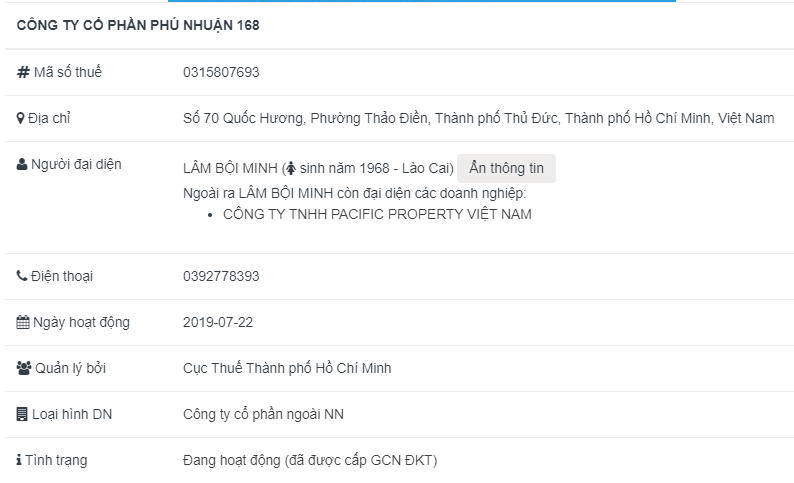 Ông Lâm Bội Minh hiện là người đại diện pháp luật của CTCP Phú Nhuận 168