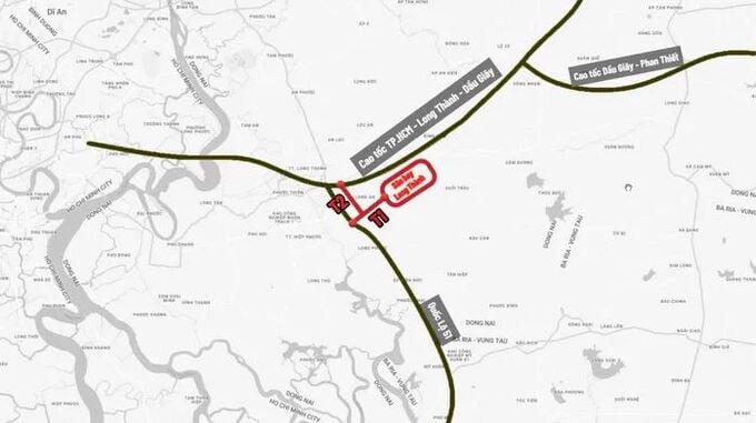 Vị trí tuyến đường T1, T2 kết nối với sân bay Long Thành. Ảnh: Internet &nbsp;