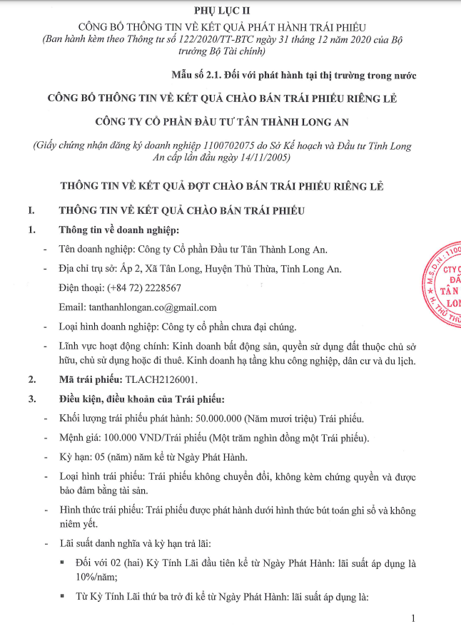 Thông tin công bố lô trái phiếu 5.000 tỷ đồng Tân Thành Long An (Nguồn: Cbons)