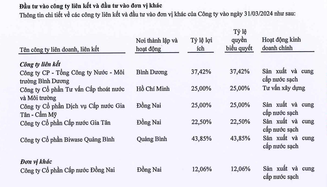 Danh sách công ty liên kết của TDM Water tại thời điểm kết thúc quý I/2024