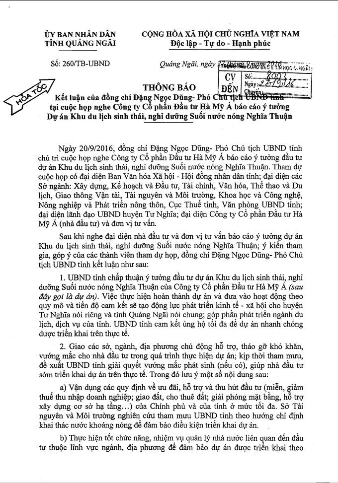UBND tỉnh Quảng Ngãi có Thông báo số 260/TB-UBND 27/9/2016.