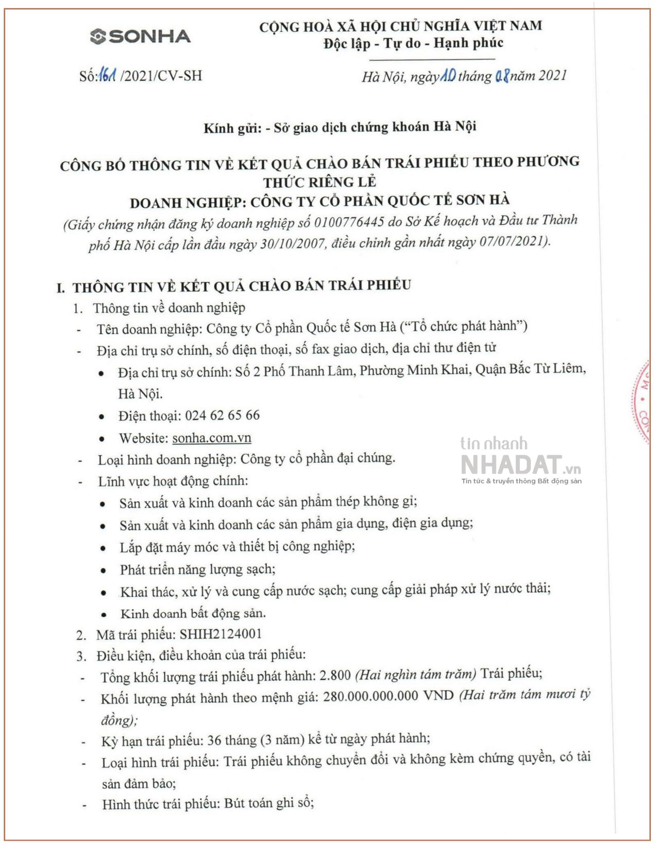 Sơn Hà công bố thông tin về kết quả đợt phát hành 2.800 trái phiếu riêng lẻ. &nbsp;