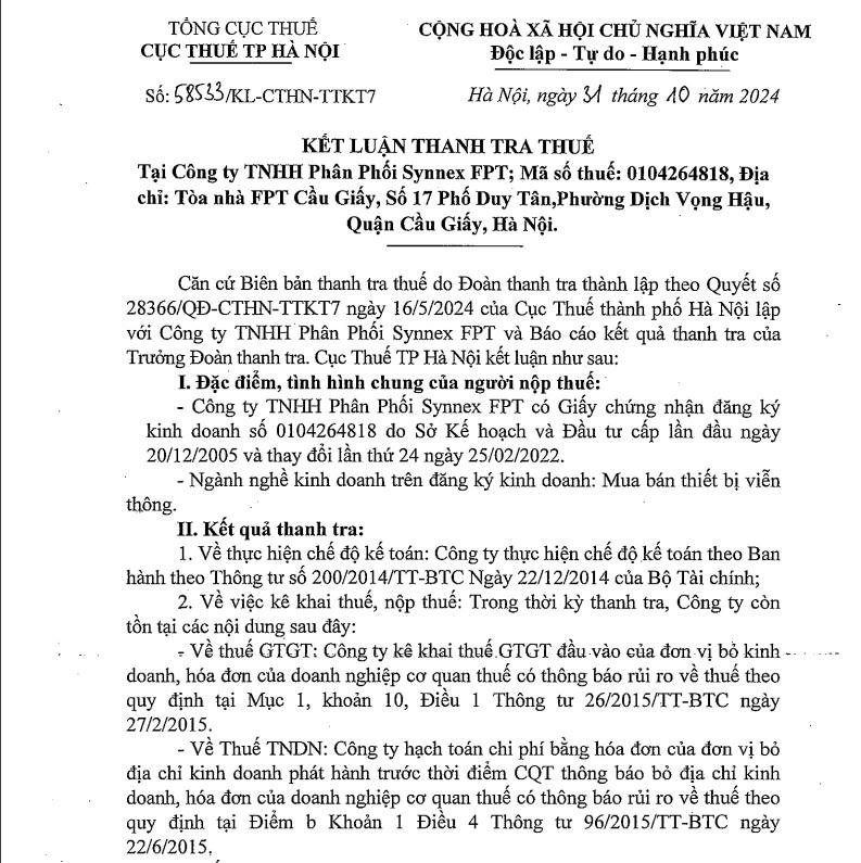 Kết luận thanh tra thuế tại Công ty TNHH Phân phối Synnex FPT.