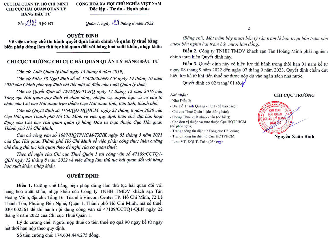 Quyết định cưỡng chế thi hành quyết định hành chính với Công ty TNHH Thương mại Dịch vụ khách sạn Tân Hoàng Minh