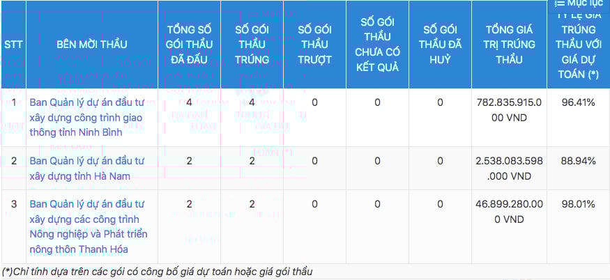 Thống kê sơ bộ các gói thầu Cường Thịnh Thi tham gia và trúng thầu &nbsp;