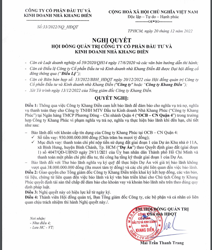 Nhà Khang Điền tiếp tục bảo lãnh cho Nhà Khang Phúc vay 930 tỷ đồng tại OCB