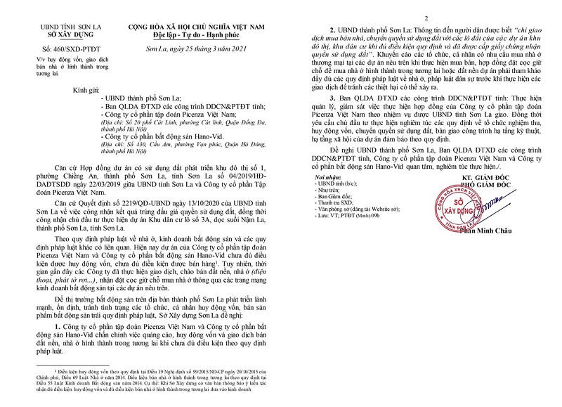 Văn bản số 460/SXD-PTĐT về việc huy động vốn, giao dịch bán nhà ở hình thành trong tương lai. Nguồn: Sở Xây dựng tỉnh Sơn La. &nbsp;