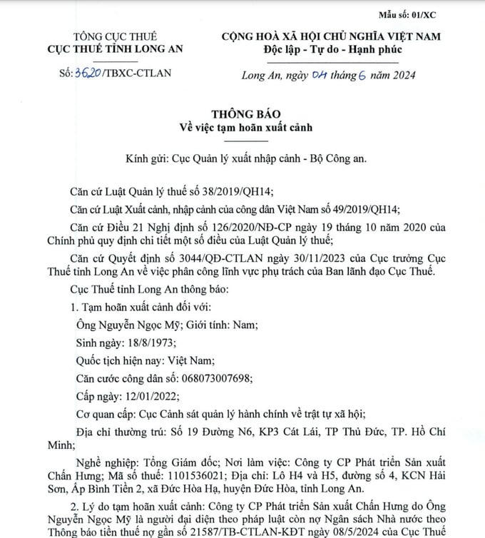 Thông báo tạm hoãn xuất cảnh đối với ông Nguyễn Ngọc Mỹ. &nbsp;