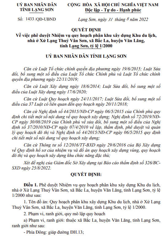 Quyết định phê duyệt quy hoạch phân khu xây dựng Khu du lịch, nhà ở Xứ Lạng Thủy Vân Sơn