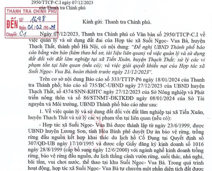 Văn bản của TP. Hà Nội báo cáo Thanh tra Chính phủ về dự án Suối Ngọc -&nbsp; Vua Bà.