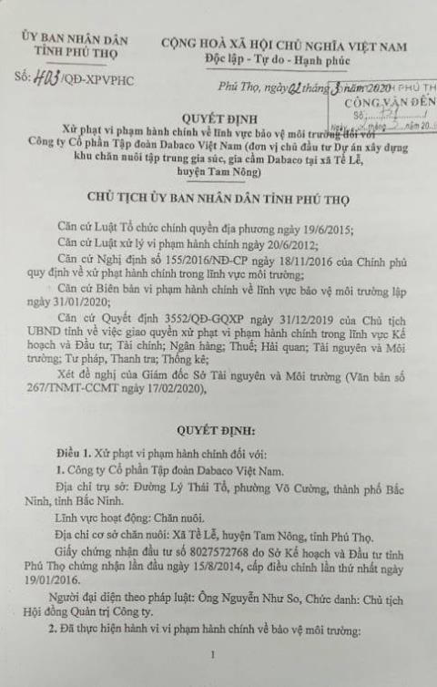 Xử phạt Dabaco Việt Nam 300 triệu vì vi phạm môi trường