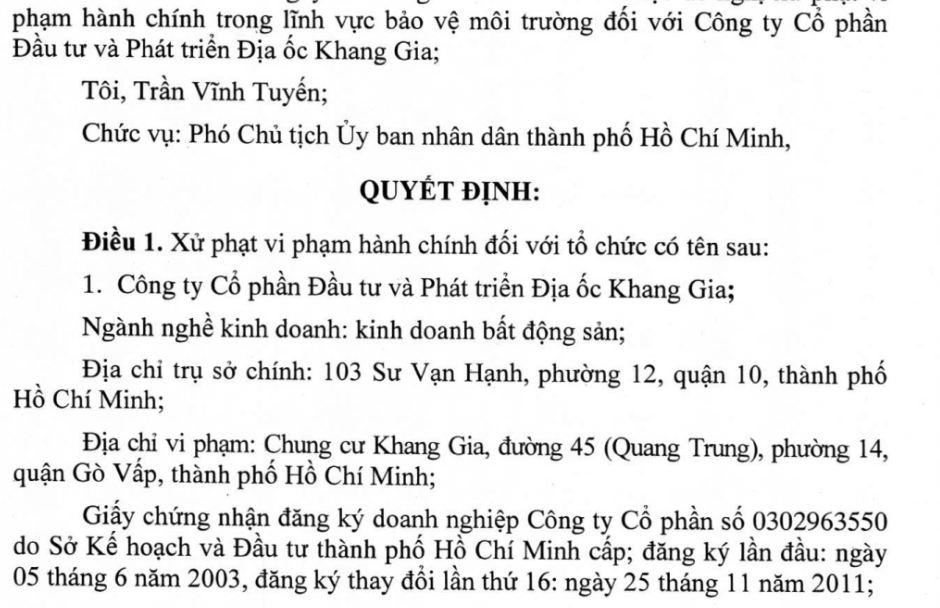 Quyết định xử phạt của UBND đối với Công ty CP Đầu tư và Phát triển Địa ốc Khang Gia