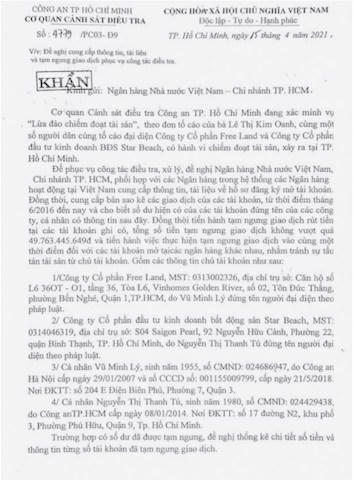 Văn bản của Cơ quan Cảnh sát điều tra - Công an TP.HCM. &nbsp;