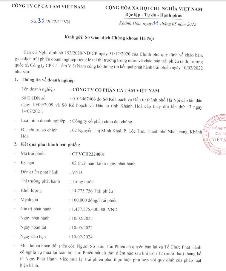 Thông báo phát hành thành công lô trái phiếu CTVCH2224001 của CTCP cá Tầm Việt Nam &nbsp;