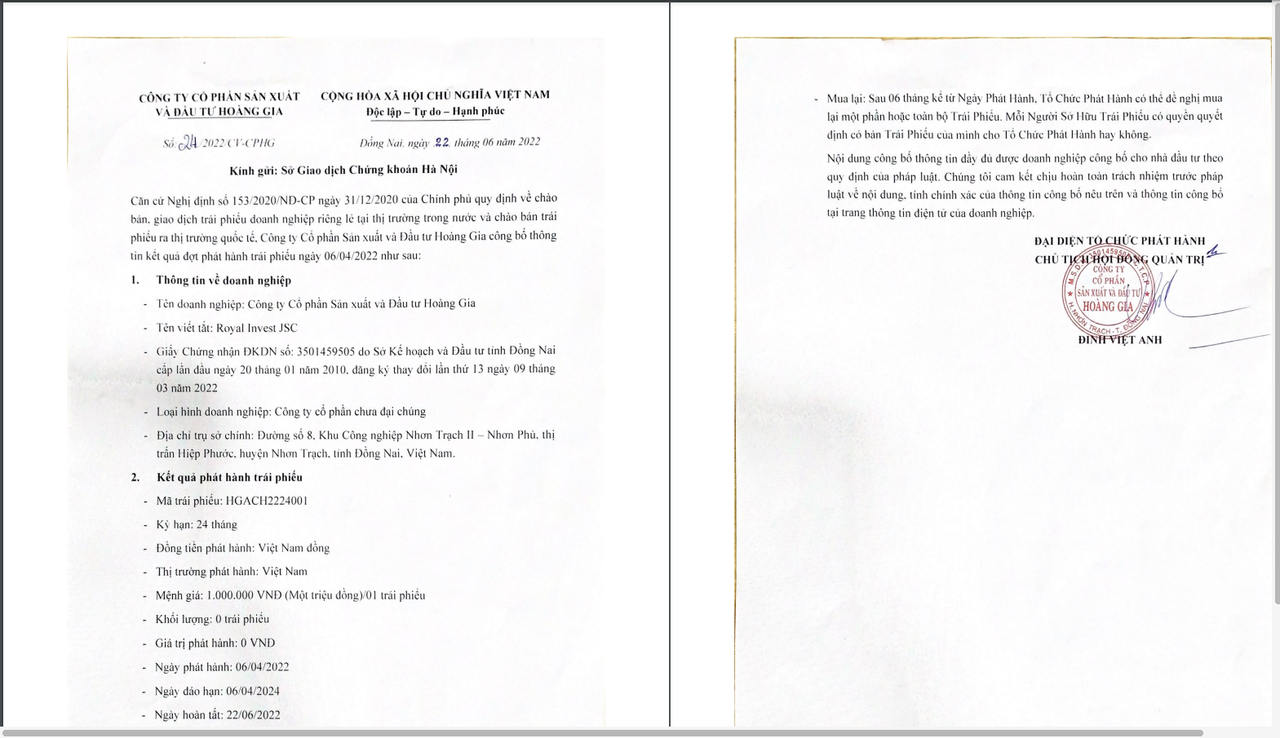 CTCP Sản Xuất và đầu tư Hoàng Gia cũng phát hành một lô trái phiếu không thành công.