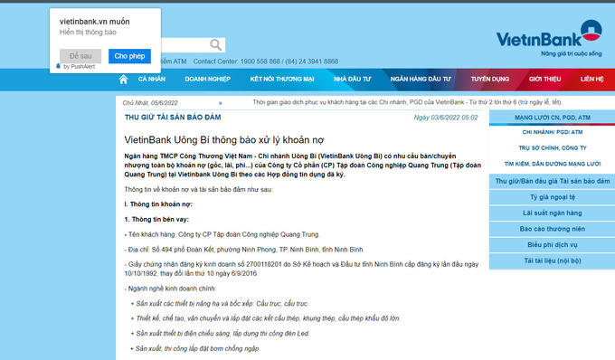 VietinBank Uông Bí thông báo xử lý khoản nợ của Công ty Cổ phần (CP) Tập đoàn Công nghiệp Quang Trung - Ảnh vietinbank.vn &nbsp;