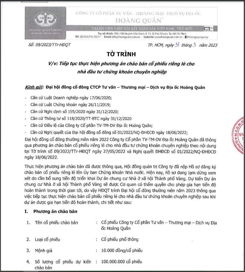 Tờ trình của HQC về việc tiếp tục thực hiện đợt chào bán 100 triệu cổ phiếu.