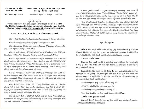 Văn bản mới nhất về điều chỉnh Quy hoạch chi tiết tỷ lệ 1/500 dự án Khu đô thị du lịch sinh thái, nghỉ dưỡng, vui chơi giải trí cao cấp biển Sầm Sơn.