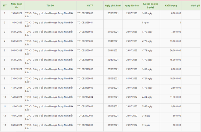Các lô trái phiếu đã được Điện gió Trung Nam Đắk Lắk 1 huy động trong năm 2021. &nbsp;
