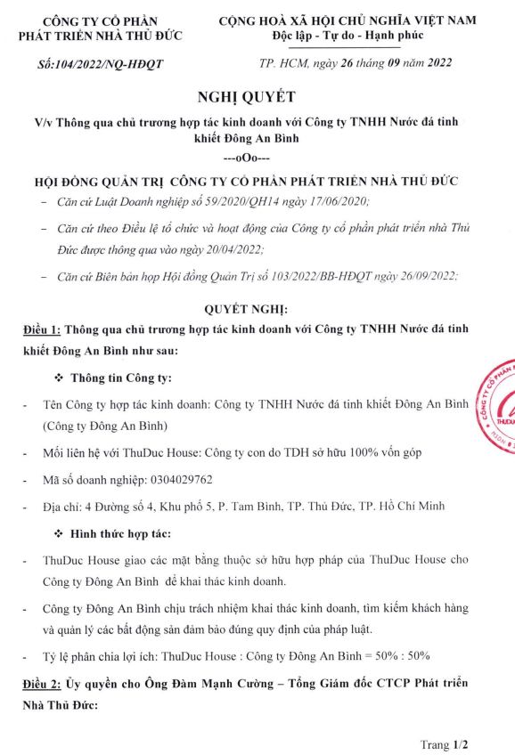 Nghị quyết hợp tác kinh doanh với Công ty TNHH Nước đá tinh khiết Đông An Bình