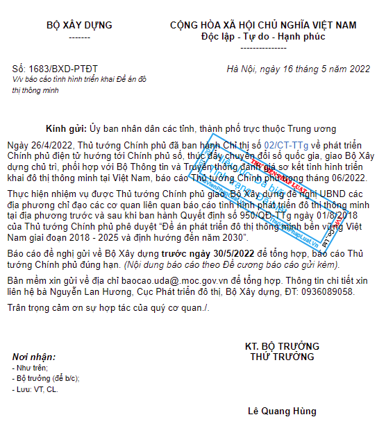 Công văn&nbsp;1683/BXD-PTĐT _báo cáo tình hình triển khai Đề án đô thị thông minh