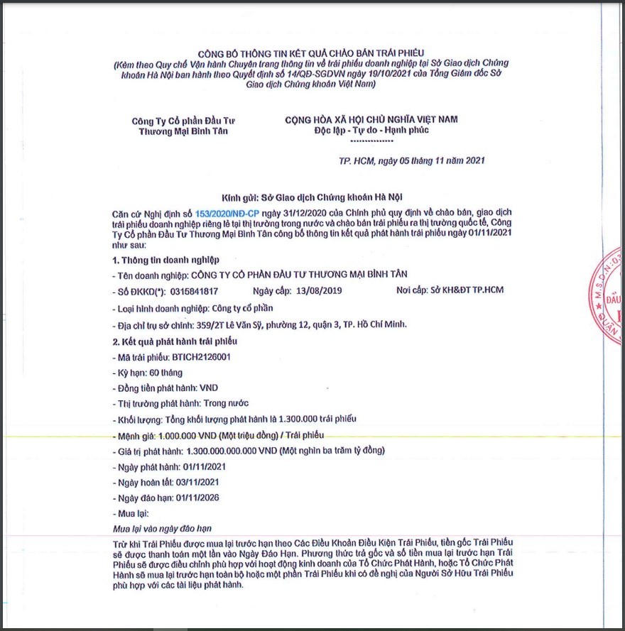 Một số thông tin về lô trái phiếu 1.300 tỷ của Bình Tân. &nbsp;