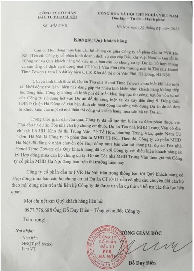 Công văn chủ đầu tư dự án Hanoi Time Towers gửi khách hàng.
