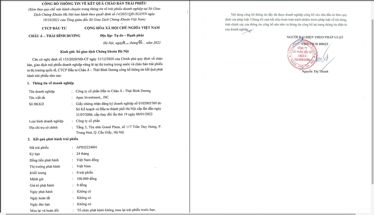 Thông tin một lô trái phiếu doanh nghiệp phát hành không thành công của API.